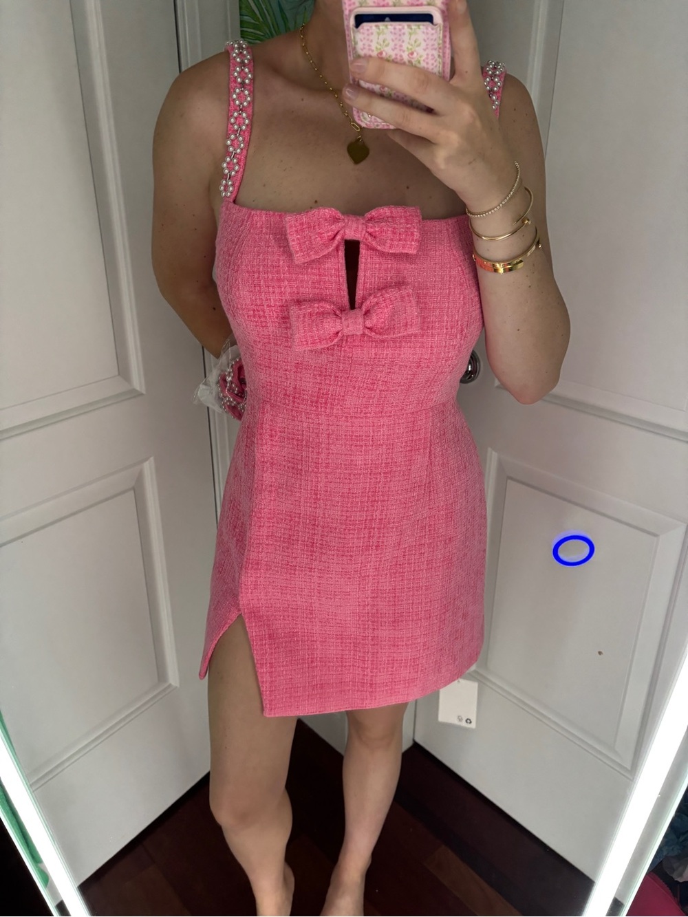 Self-Portrait Pink Tweed Mini Dress with Bow Accents
